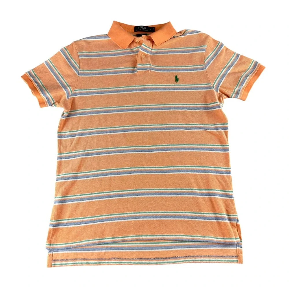 Polo Ralph Lauren Mens Large Custom Fit Orange Striped Short Sleeve Polo Shirt‎